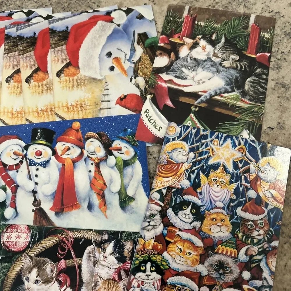 Christmas Mixed Tree-Free Greeting Cards Set Of 14 NO Envelopes Snowmen Kittens